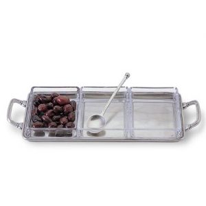 Match Pewter Crudite Tray w/Handles & Glass Inserts