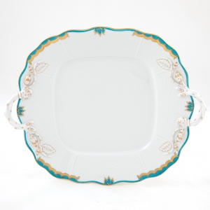 Herend Princess Victoria Turquoise Square Cake Plate w/Handles - 9.5"