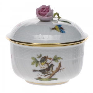 Herend Rothschild Bird Covered Sugar W/Rose(4 Oz) 3.25"