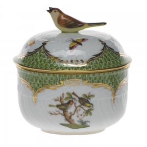 Herend Rothschild Bird Green Border Cov Sugar W/Bird(6 Oz) 4"H