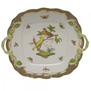 Herend Rothschild Bird Brown Border Square Cake Plate W/Handles9