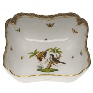 Herend Rothschild Bird Brown Border Square Salad Bowl 10"Sq