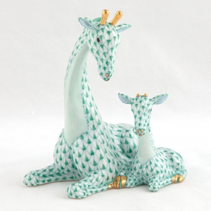 Herend Mother & Baby Giraffe - Green