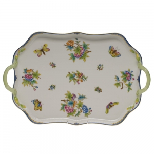 Herend Queen Victoria Blue Border Rec Tray W/Branch Handles Blue