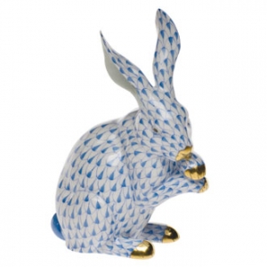 Herend Medium Bunny w/Paws Up Blue