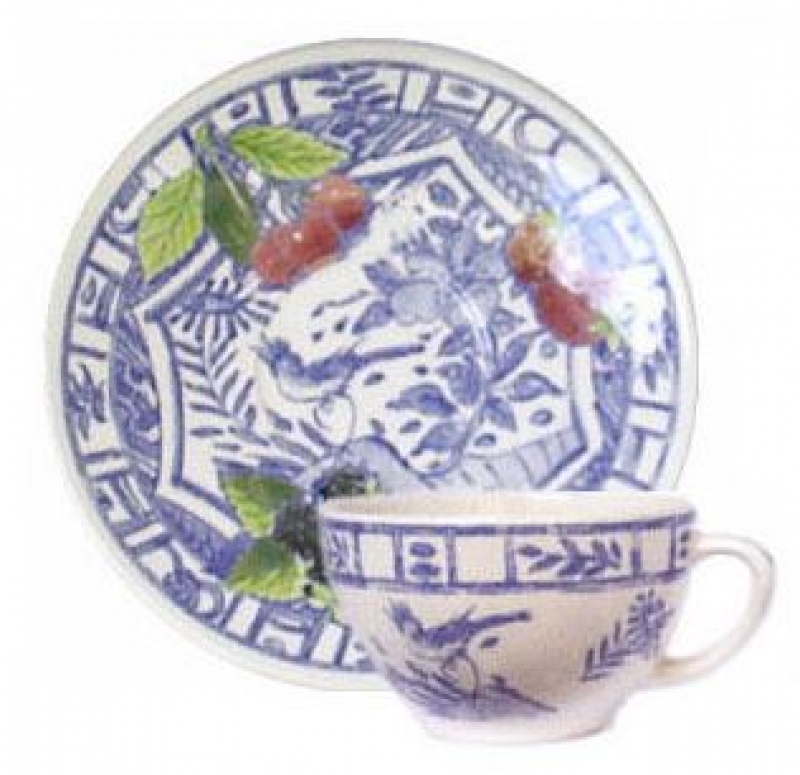 Gien Oiseau Bleu Fruits Set of 2 Tea Cups and Saucer
