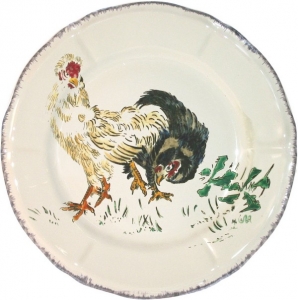 Gien Grands Oiseaux Dessert Plate - Black & White Hen ( Poule Negre Soie)