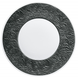 Raynaud Italian Renaissance Irise Black Matte Dessert Plate w/ Engraved Rim - 9.4"