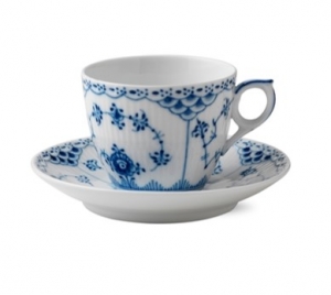 Royal Copenhagen Blue Fluted Half Lace Cup and Saucer - 5.7 oz.