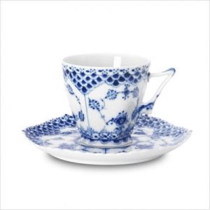 Royal Copenhagen Blue Fluted Full Lace Cup + Saucer - 4.8 oz.