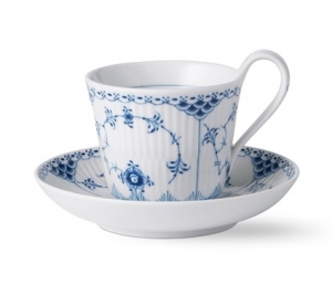 Royal Copenhagen Blue Fluted Half Lace High Handle Cup + Saucer - 8.5 oz.