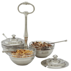 Match Pewter Condiment Caddy Set w / Lids & Spoons