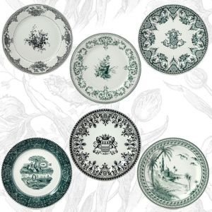Gien Les Depareillees Green Dinner Plates / Set 6 Assorted