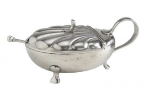 Match Pewter Scallop Condiment Dish W/Crystal And Spoon