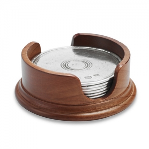 Match Pewter Round Coasters W/Wood Base - Set/6