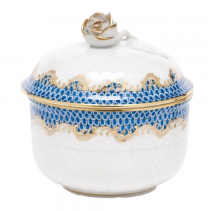 Herend Fishscale Blue Covered Sugar W/ Rose
