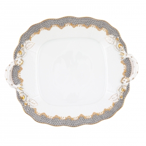 Herend Fish Scale Gray Square Cake Plate w/  Handles - 9.5"