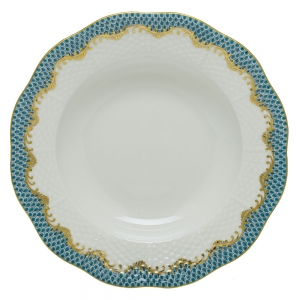Herend Fishscale Turquoise Rim Soup Plate - 8"