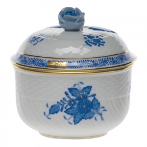 Herend Chinese Bouquet Blue Covered Sugar w/ Rose- 6oz.