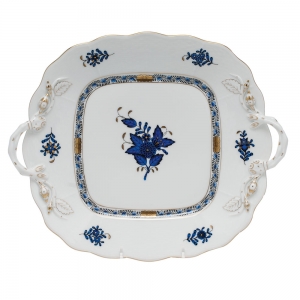 Herend Chinese Bouquet Black Sapphire Square Cake Plate w/ Handles - 9.5"