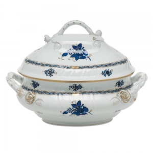 Herend Chinese Bouquet Black Sapphire Tureen w/Branch Handles - 4 Qt