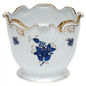 Herend Chinese Bouquet Black Sapphire Ribbed Cachepot