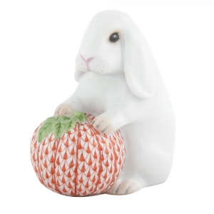 Herend White Autumn Bunny w/ Rust Pumpkin