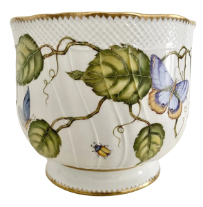 Anna Weatherley Green Leaves w/ Blue + Yellow Butterfly Round Cachepot