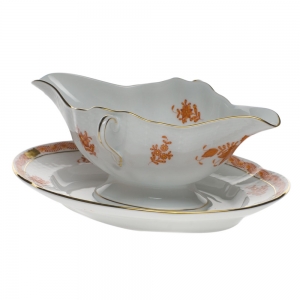 Herend Chinese Bouquet Rust Gravy Boat W/Fixed Stand