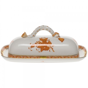 Herend Chinese Bouquet Rust Butter Dish W/Branch8.5"L