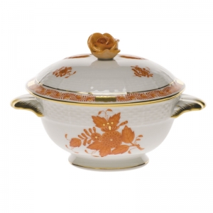 Herend Chinese Bouquet Rust Covered Soupn Cup W/Rose Lid + Saucer