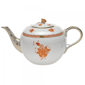 Herend Chinese Bouquet Rust Tea Pot W/Rose(84 Oz) 6.75"H