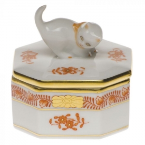 Herend Small Octagonal Box w/ Cat Rust