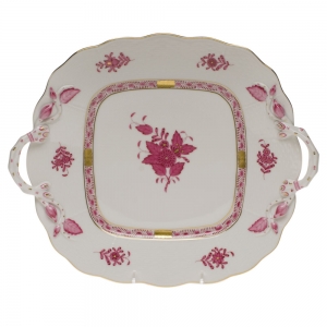 Herend Chinese Bouquet Raspberry Square Cake Plate W/Handles