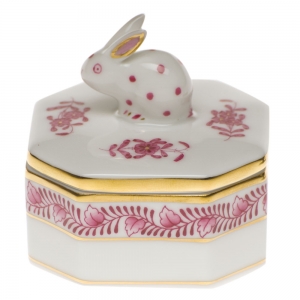 Herend Petite Octagonal Box w/ Bunny - Chinese Bouquet Raspberry