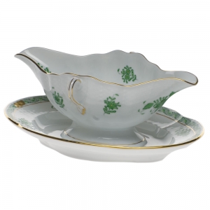 Herend Chinese Bouquet Green Gravy Boat W/Fixed Stand