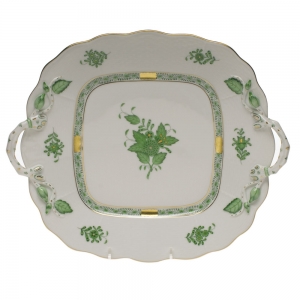 Herend Chinese Bouquet Green Square Cake Plate W/Handles9