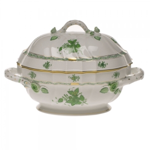 Herend Chinese Bouquet Green Tureen W/Branch(2 Qt) 9.5"H