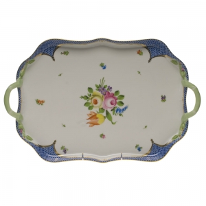 Herend Printemps Blue Border Tray Rectangular w/ Branch Handles -18"
