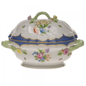 Herend Printemps Blue Border Tureen W/Branch - 2 Qt 9.5"H