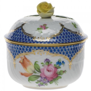 Herend Printemps Blue Border Covered  Sugar w/ Rose 6 oz