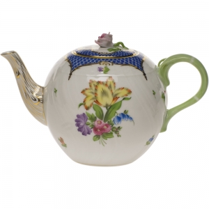 Herend Printemps Blue Border Tea Pot w / Rose - 36 oz.