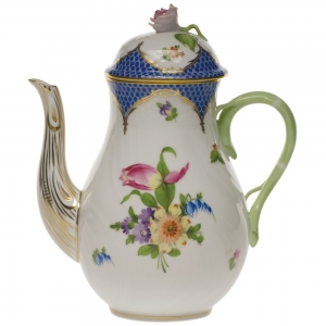 Herend Printemps Blue Border Coffee Pot W/Rose - 36 Oz 8.5
