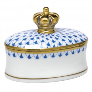 Herend Fishnet Box w/ Crown Blue