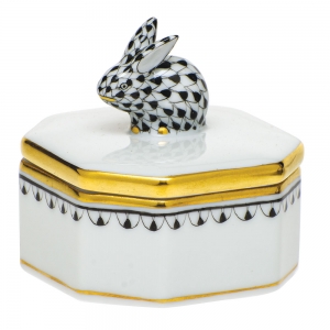 Herend Petite Octagonal Box w/ Bunny - Black