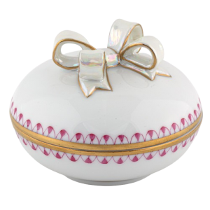 Herend Round Box With Bow - Raspberry