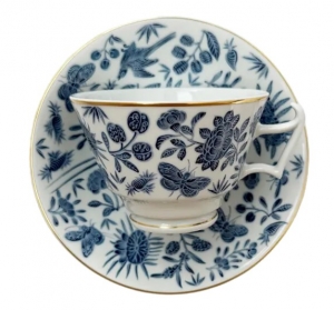 Mottahedeh Sacred Bird and Butterfly Blue Teacup + Saucer