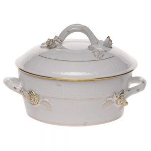 Herend Golden Edge Small Cov Veg Dish - W/Branch