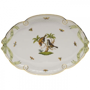 Herend Rothschild Bird Ribbon Tray W/Green Ribbon 15.