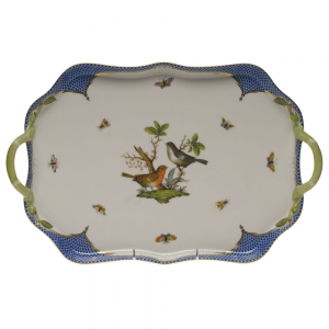 Herend Rothschild Bird Blue Border Rec Tray W/Branch Handles18"